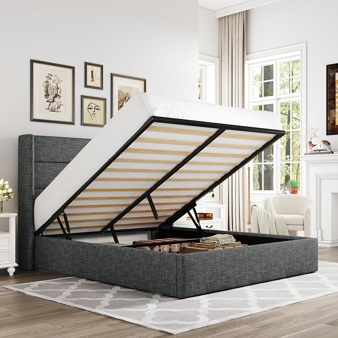 Allewie Queen Size Lift Up Storage Bed, Modern Wingback Headboard, Hydraulic by Allewie