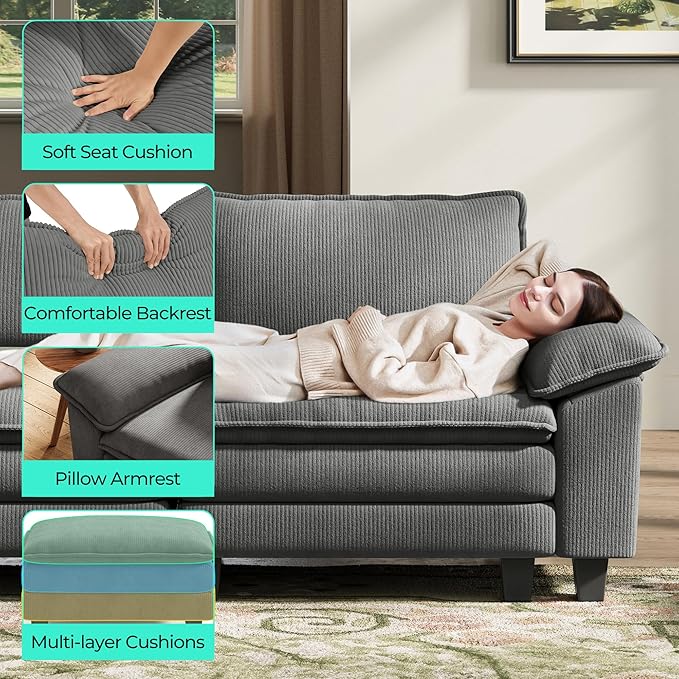 LINSY HOME 123" Modular U-Shaped Sectional Sofa, 3-Seat Corduroy Modern Cloud - Image 3