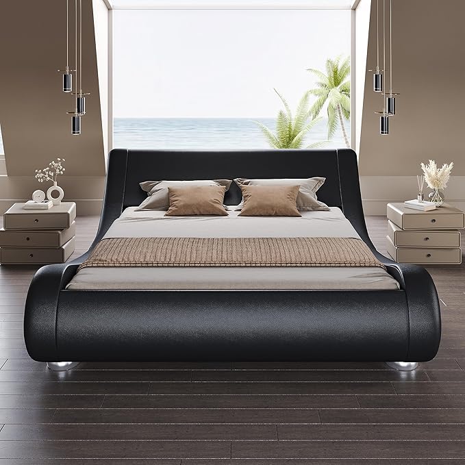 SHA CERLIN Queen Size Upholstered Bed Frame, Deluxe Low Profile Sleigh Bed - Image 3
