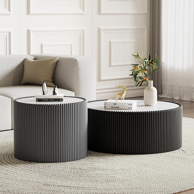 2-Piece Round Nesting Coffee Table Set, 29.52" Marble Coffee Table and End by Henf
