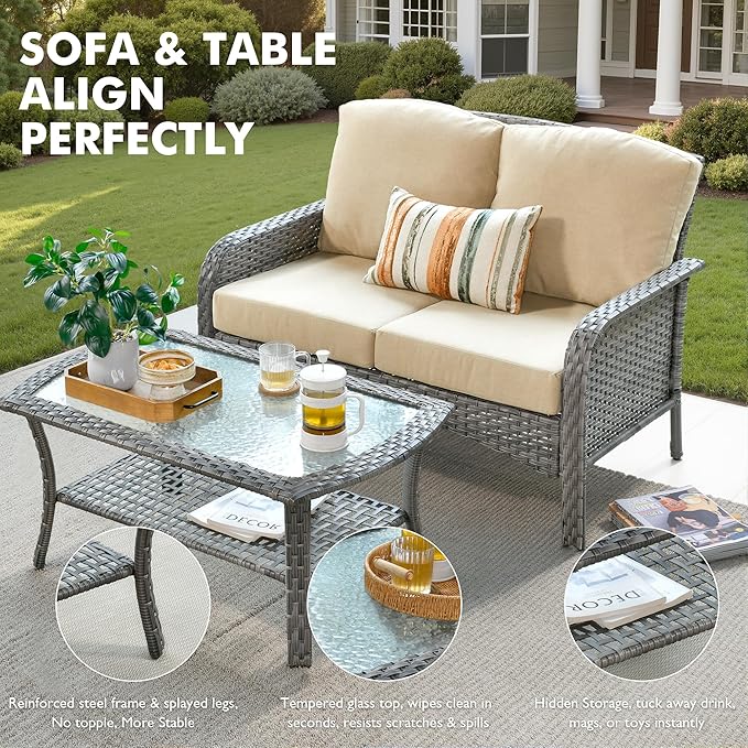 Weaxty Wicker Patio Furniture Set High Back Loveseat Sofa Couch Armchair Coffee - Image 6