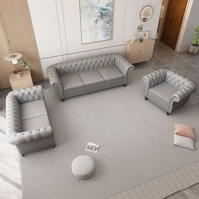 ORRD 3 Piece Living Room Set, Chesterfield Leather Sofa Loveseat Couch Chair - Image 8