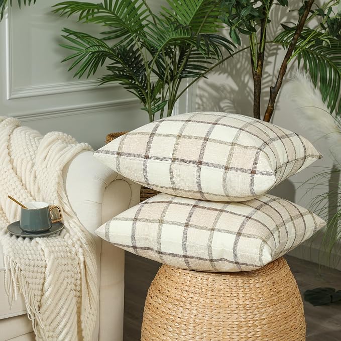 Stellhome Fall Linen Buffalo Check Throw Pillow Covers, Autumn Farmhouse Plaid - Image 2