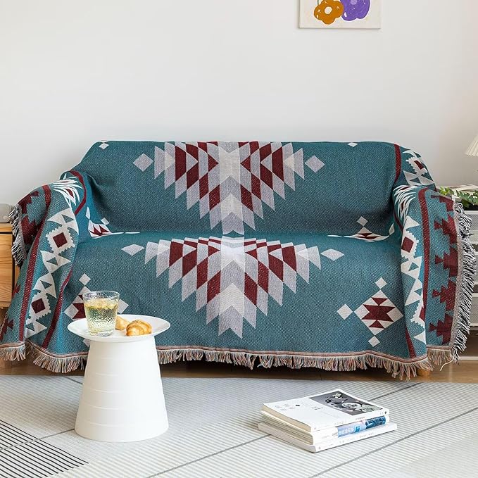 VClife Boho Couch Cover Soft Cotton Linen Blue Red Gray Triangle Plaid by VCLIFE