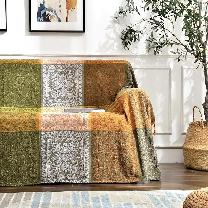 Boho Sofa Cover, Bohemian Throw Blanket Tassels Hippie Decor Covers Couch Chair by Bofree