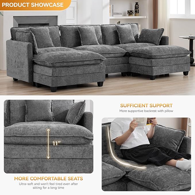 111'' Sectional Cloud Deep Seat Couch, Oversized Chenille U Shaped Sectional - Image 3
