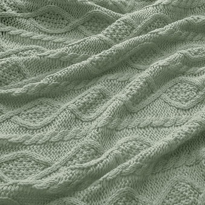 Homiest Cable Knit Throw Blanket and Pillow Set, Sage Green Set of 3, Knitted - Image 6