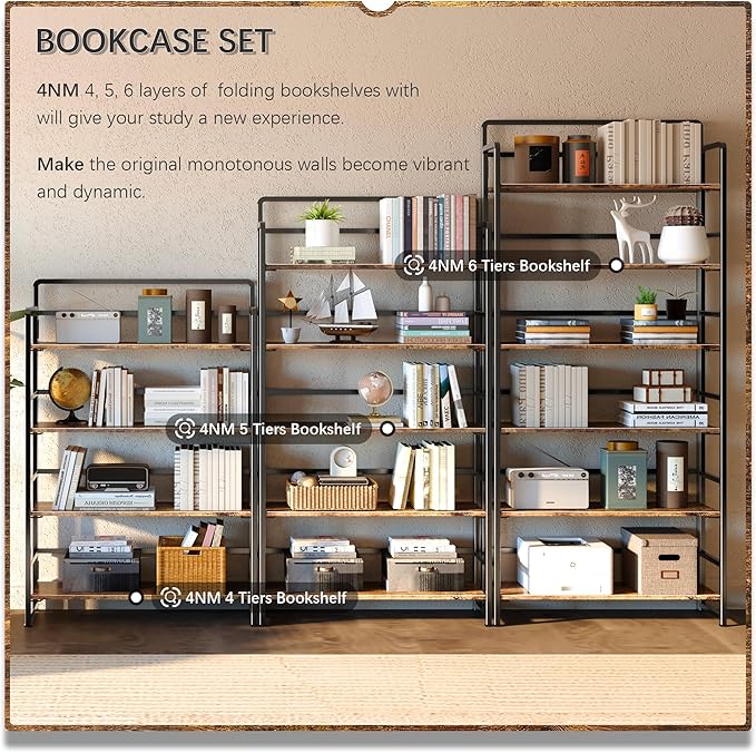 4NM No Assembly Extra Wide 5 Tiers Folding Bookshelf Storage Shelves Vintage - Image 5