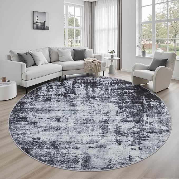Round Area Rug for Living Room: 6 ft Washable Modern Abstract Soft Thin Rug by FXRHLP