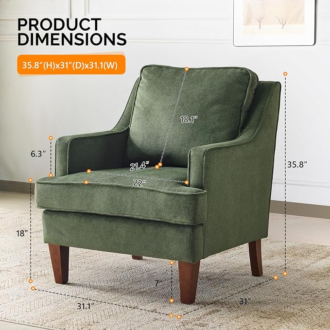 VINGLI Green Accent Chair, Mid Century Modern Chairs, Upholstered Armchair - Image 2