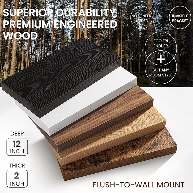 40Inch Walnut Floating Shelves for Wall, 12 Inch Deep Shelves for Bedroom - Image 4