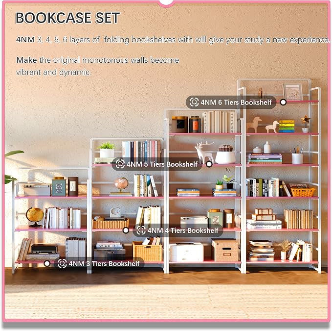 4NM No Assembly 5 Tiers Folding Bookshelf Storage Shelves Vintage Bookcase - Image 5