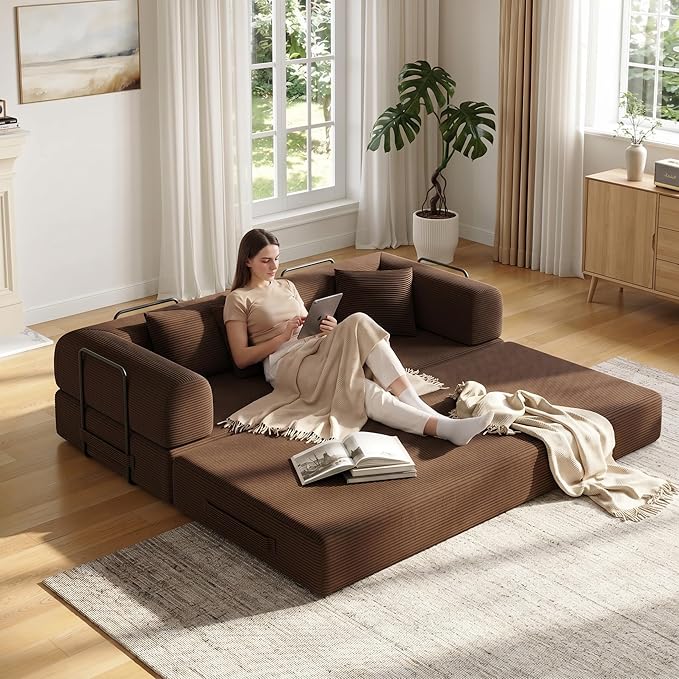 79in Convertible Sofa Bed, Corduroy Boneless Couch Bed, Futon Sleeper Sofa Pull by Unknown