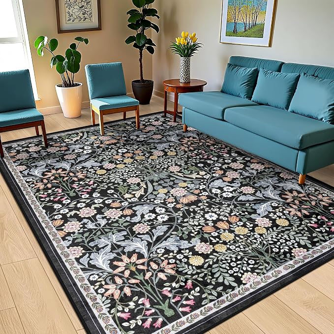 10x14 Area Rugs for Living Room: Floral Washable Rug Vintage Large Soft Boho - Image 2