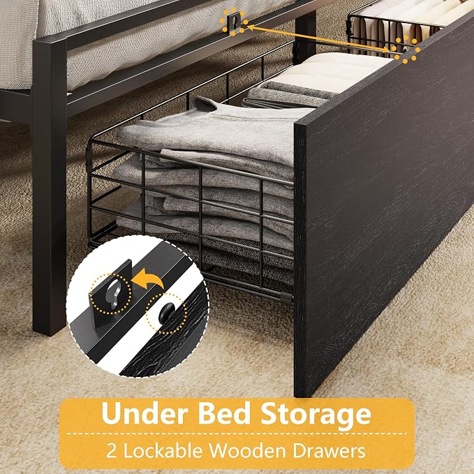 Furnulem Queen Bed Frame with Wood Headboard and Storage Shelf, Metal Platform - Image 4