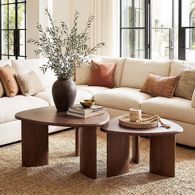 Honyee Nesting Coffee Table Set of 2, Modern Walnut Wood Veneer Coffee Table by Honyee