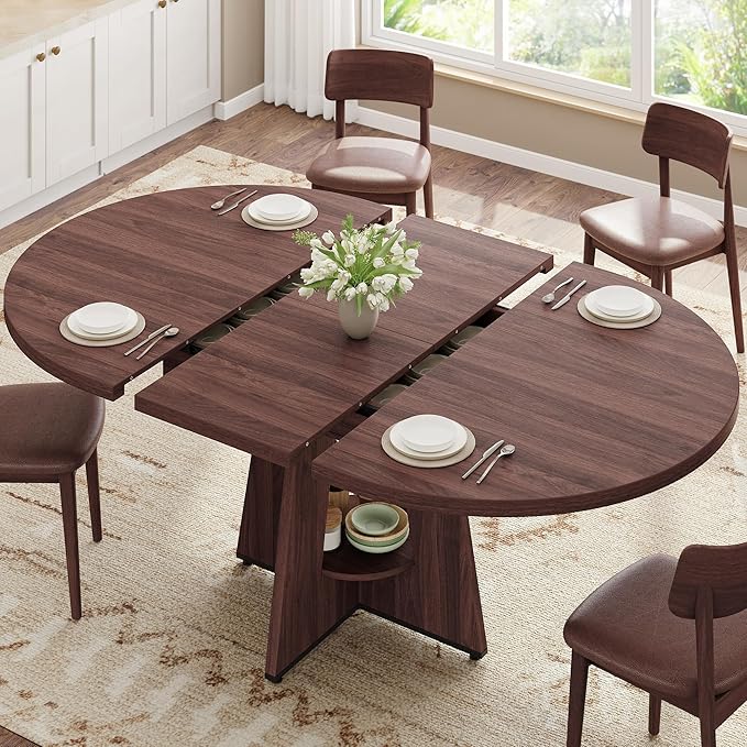 43''–59'' Extendable Dining Table, Round Kitchen Dining Room Dinner Table by JOCOEVOL