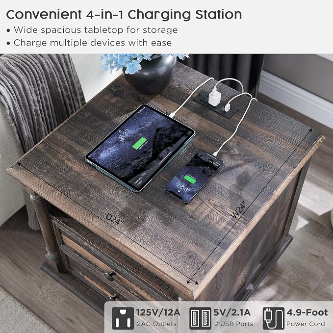T4TREAM 24'' Farmhouse End Table w/4 Solid Wood Feet Set of 2, Large 2 Drawers - Image 3