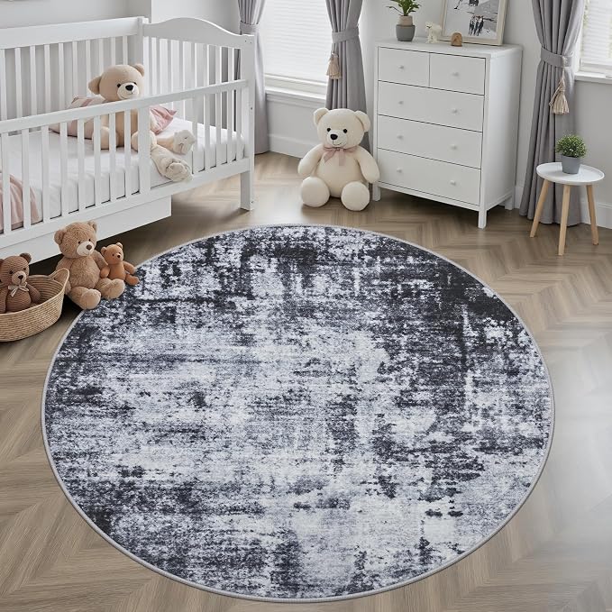 Round Area Rug for Living Room: 5 ft Washable Modern Abstract Soft Thin Rug - Image 3