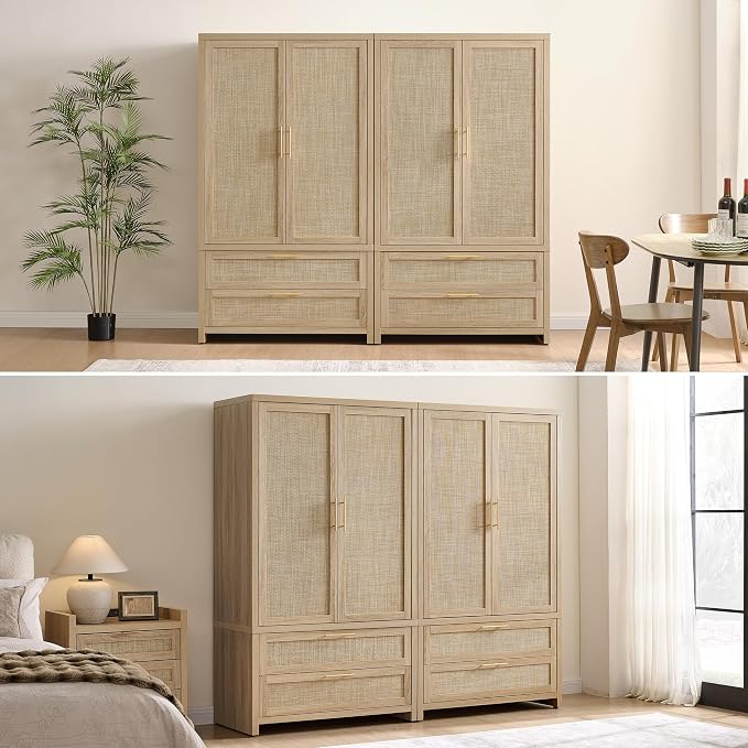 SICOTAS Rattan Armoire Wardrobe Closet Cabinet, and Hanging Rod, Boho - Image 8