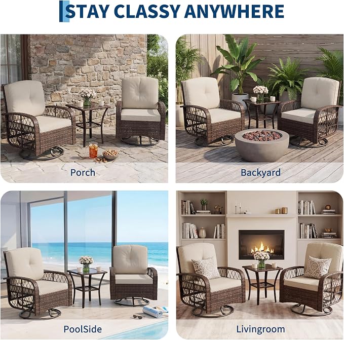 3-Piece Outdoor Patio Furniture Set, 2 Swivel Rocking Chairs and Tempered Glass - Image 6