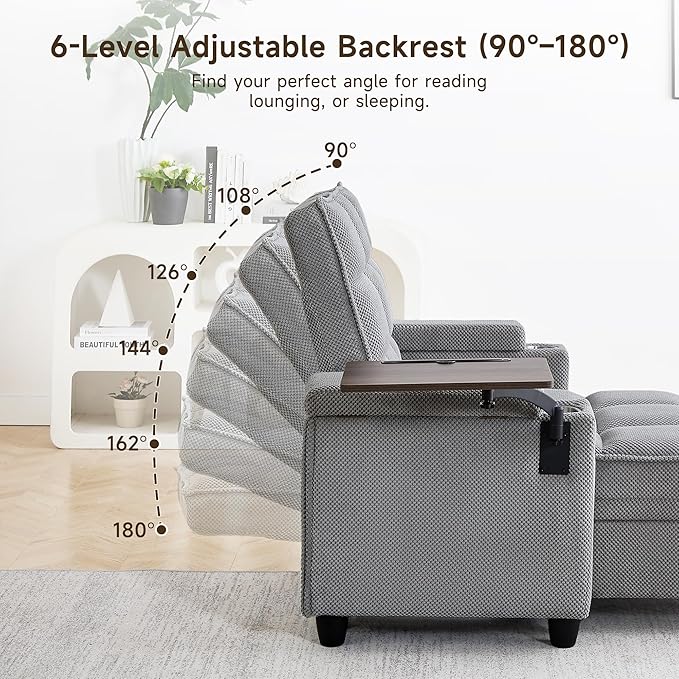 Oversized Recliner Chair with Swivel Tray Table, Modern Tufted Linen Fabric - Image 7