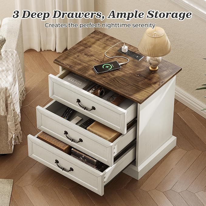 Huuger Nightstand with Charging Station, 3 Drawer Night Stand Set of 2 - Image 5