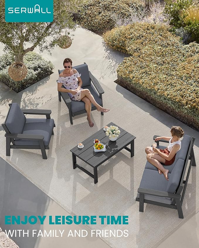 SERWALL HDPE Outdoor Furniture Set, 7 Piece All Weather Wood-Like Outdoor Sofa - Image 8