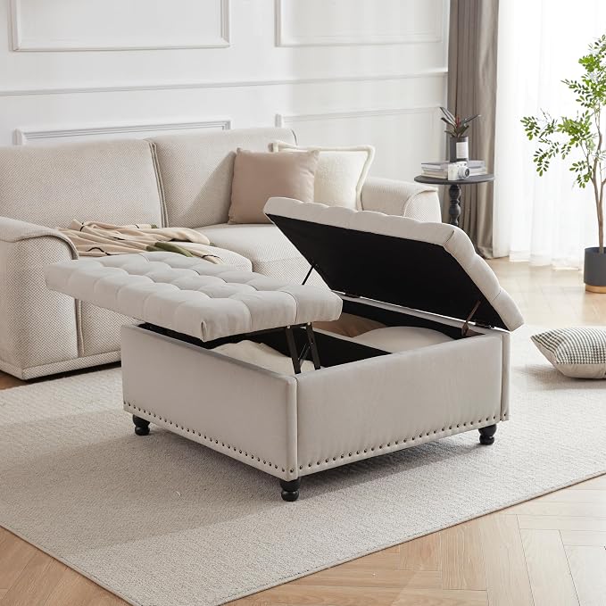 Tbfit Large Square Storage Ottoman Bench, Tufted Upholstered Coffee Table - Image 5