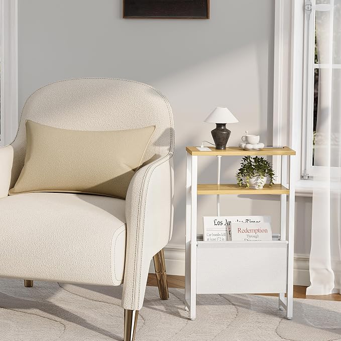 Narrow Side Table with Charging Station Slim End Table Sofa with Magazine Rack - Image 7