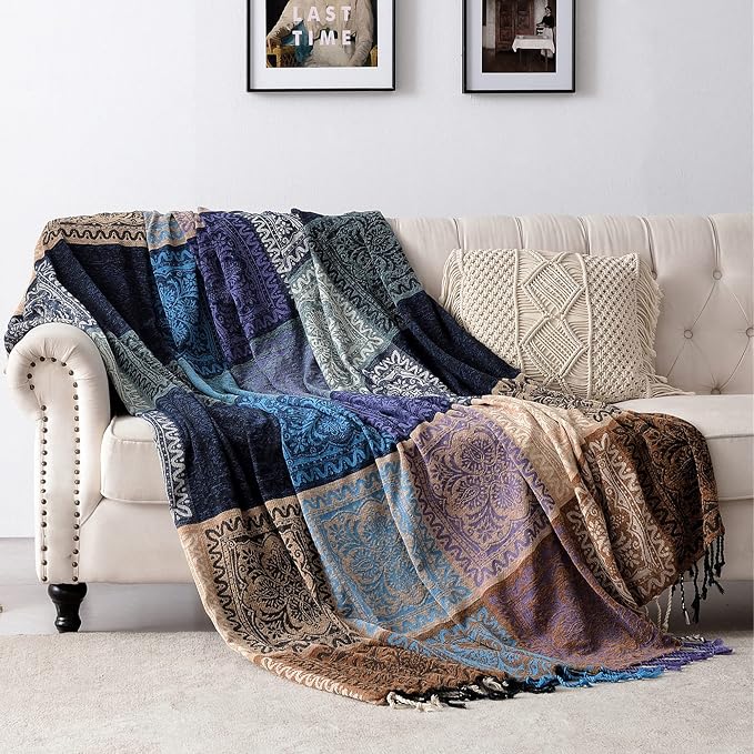 Boho Throw Blanket, Chenille Jacquard Tassels Throw Blankets - Image 7