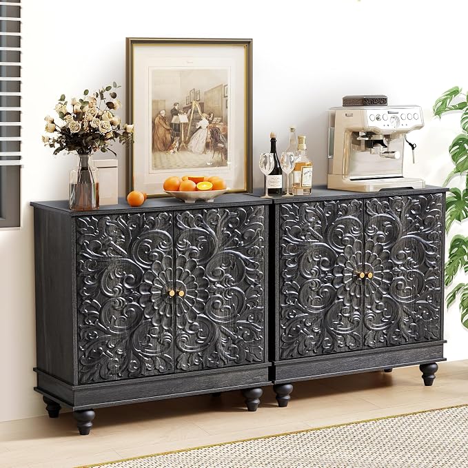 weselon Accent Cabinet Set of 2, Classic Carved Buffet Cabinet Storage Sideboard by WelcometoFurnitureSalon