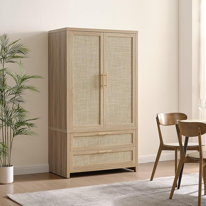 SICOTAS Rattan Armoire Wardrobe Closet Cabinet, and Hanging Rod, Boho - Image 7