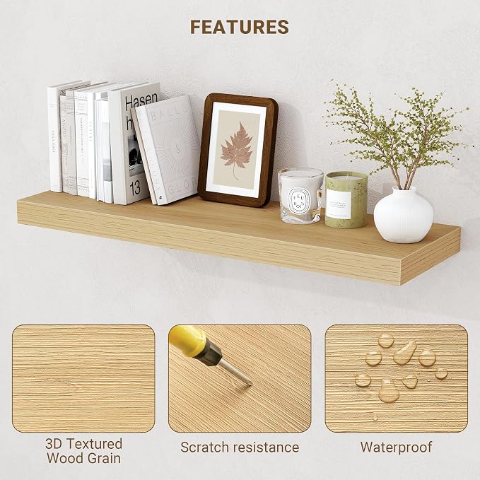 Acovy 55 Inch Floating Shelves, 3D Textured Wood Grain, Wooden Shelves - Image 5