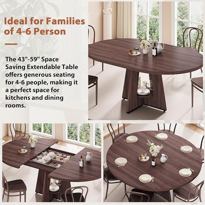 43''–59'' Extendable Dining Table, Round Kitchen Dining Room Dinner Table - Image 8