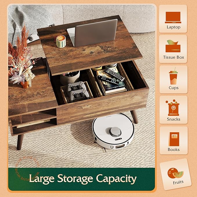 WLIVE Coffee Table with Lifting Top, Hidden Storage & Adjustable Shelf - Image 5