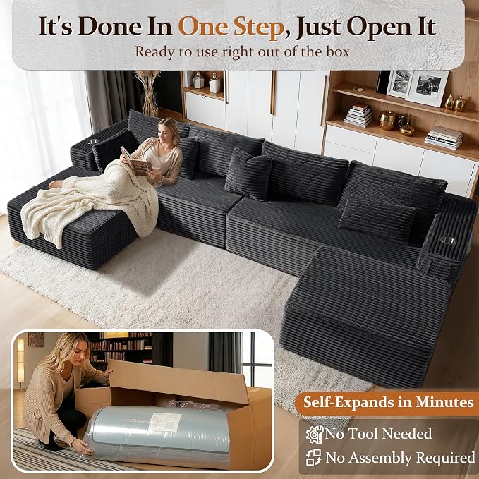 138" Oversized Cloud Sectional Couch, Comfort U Shaped Boneless Couch - Image 3