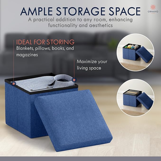 Ornavo Home Small Storage Ottoman Foldable Collapsible Cube Square Linen - Image 3
