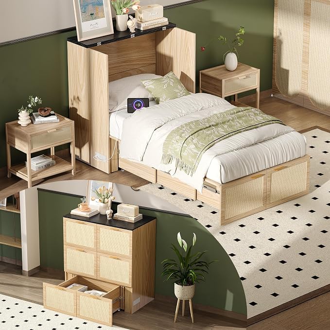 VINGLI Twin Size Rattan Murphy Bed by VINGLI