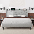 Feonase Queen Bed Frame with Charging Station, Linen Upholstered Platform by FEONASE