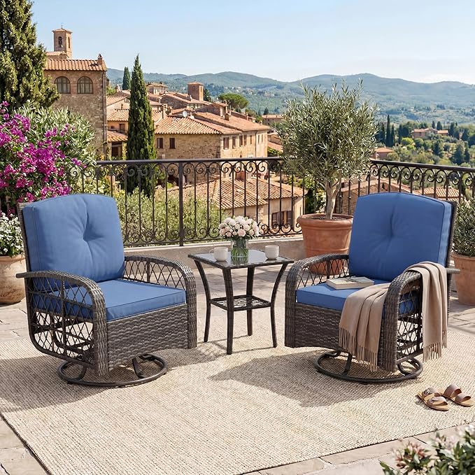 3-Piece Outdoor Patio Furniture Set, 2 Swivel Rocking Chairs and Tempered Glass by GAOMON