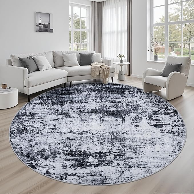 Round Area Rug for Living Room: 8 ft Washable Modern Abstract Soft Thin Rug by FXRHLP