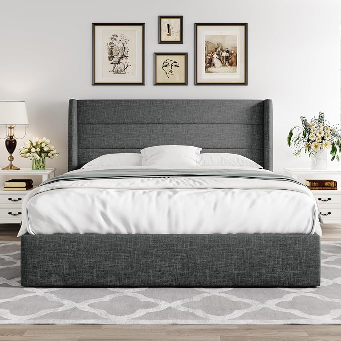 Allewie Queen Size Lift Up Storage Bed, Modern Wingback Headboard, Hydraulic - Image 7