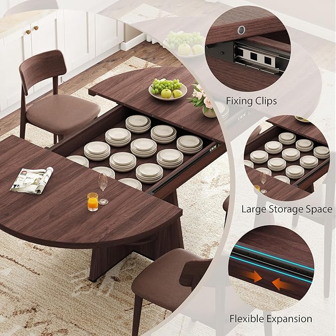 43''–59'' Extendable Dining Table, Round Kitchen Dining Room Dinner Table - Image 6