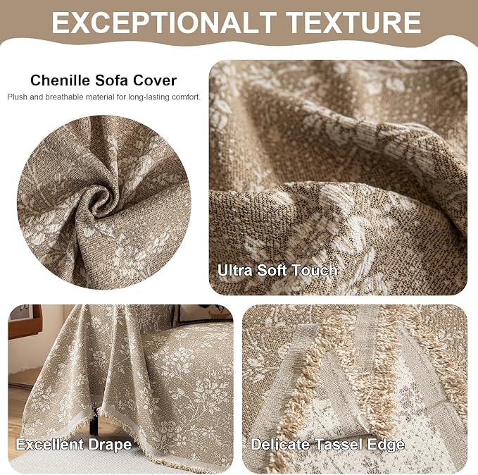 VClife Vintage Floral Boho Couch Cover, Soft Breathable Chenille Sofa Cover - Image 5