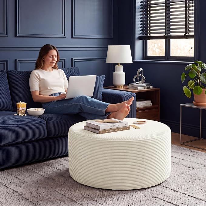 BSHOMGI Round Ottoman, Corduroy Ottomans Foot Stool, 27.5" Pouf Footstool - Image 9