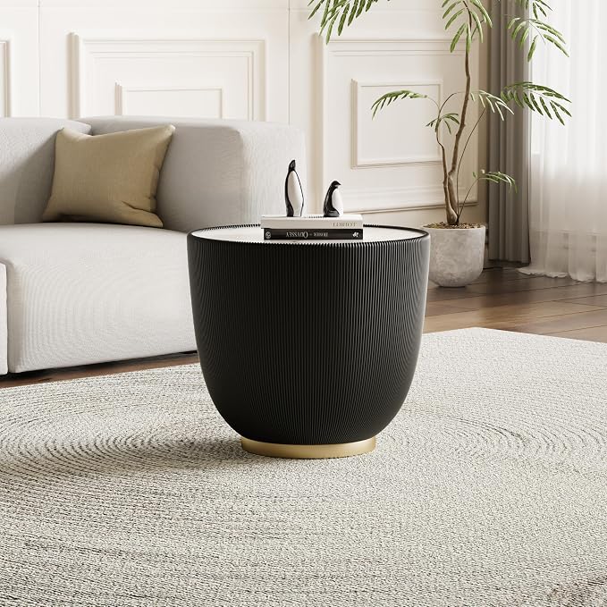 Black Round Side Table, 19.7" Faux Marble Fluted End Table - Image 3