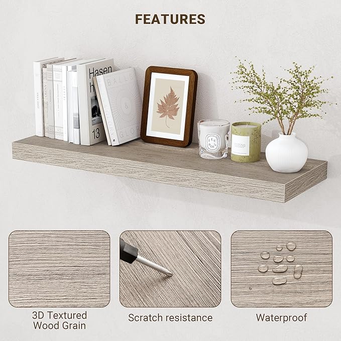 Acovy 36 Inch Floating Shelves, 3D Textured Wood Grain, Wooden Shelves - Image 5