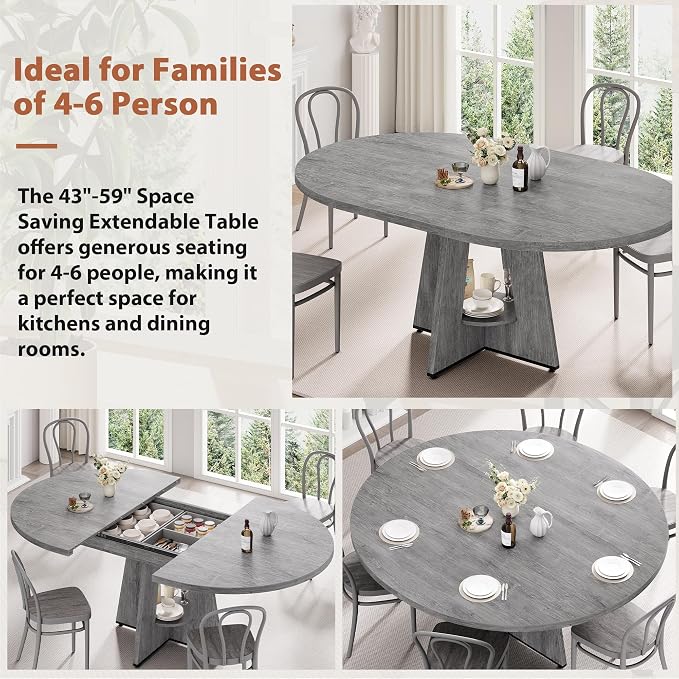 43''–59'' Extendable Dining Table, Round Kitchen Dining Room Dinner Table - Image 8