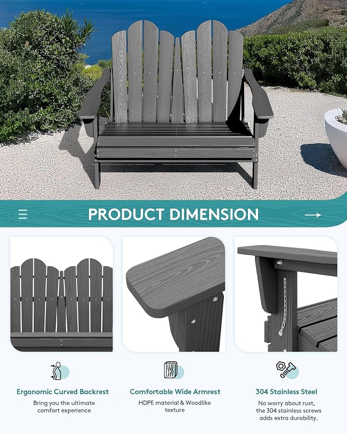SERWALL Outdoor Patio Adirondack Set, 2 Folding Adirondack Bench & 1 Coffee - Image 6